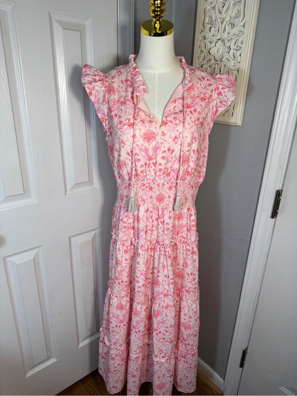 Sail to Sable Pink Floral Smocked Waist Midi/Maxi Dress Large MSRP $169 - Picture 4 of 8